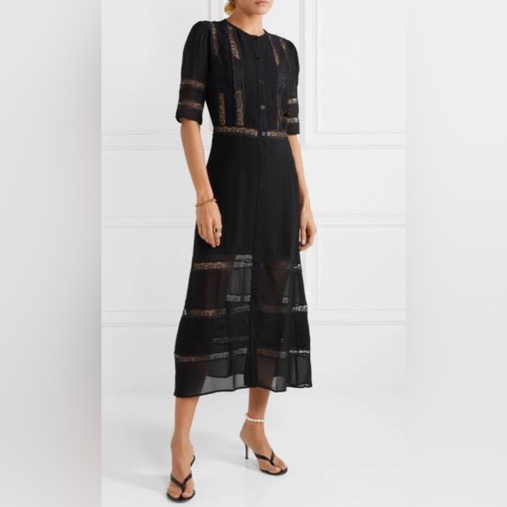 Reformation Surrey Black Lace Georgette Midi Dress Size 8 NWT (RUNS SMALL) - Picture 2 of 15